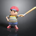 Child Wearing Red Cap And Striped Shirt Pointing With Baseball Bat And Backpack