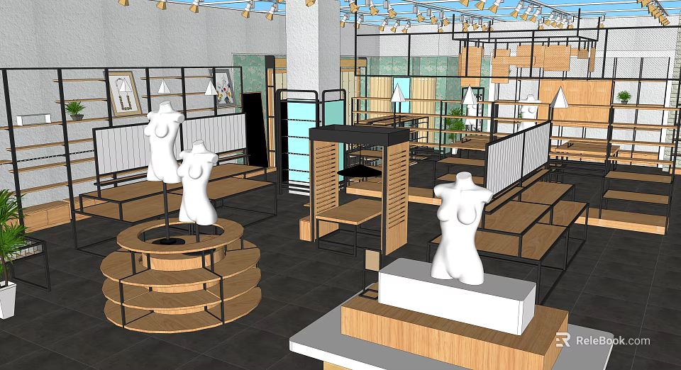 Modern Clothing Store Interior With Mannequins Shelves And Display Stands Open Layout And Bright Lighting 3d model 