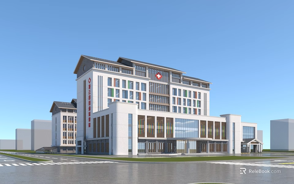 Modern Hospital Building With Traditional Roof Design White Exterior And Red Cross Symbol 3d model 