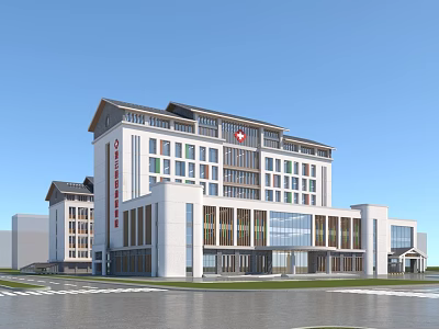 Modern Hospital Building With Traditional Roof Design White Exterior And Red Cross Symbol 3d model
