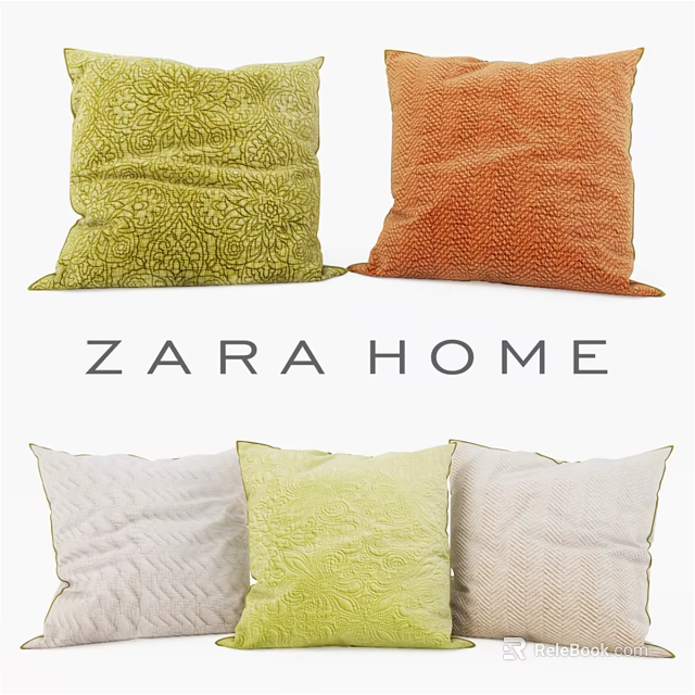 Zara Home Decorative Pillows in Green Orange White Textured Patterns for Home Decor 3d model 