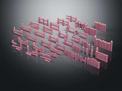 Pink Fence Scene Components With Various Shapes Arrangements And Lengths Displayed On Dark Background 3d model