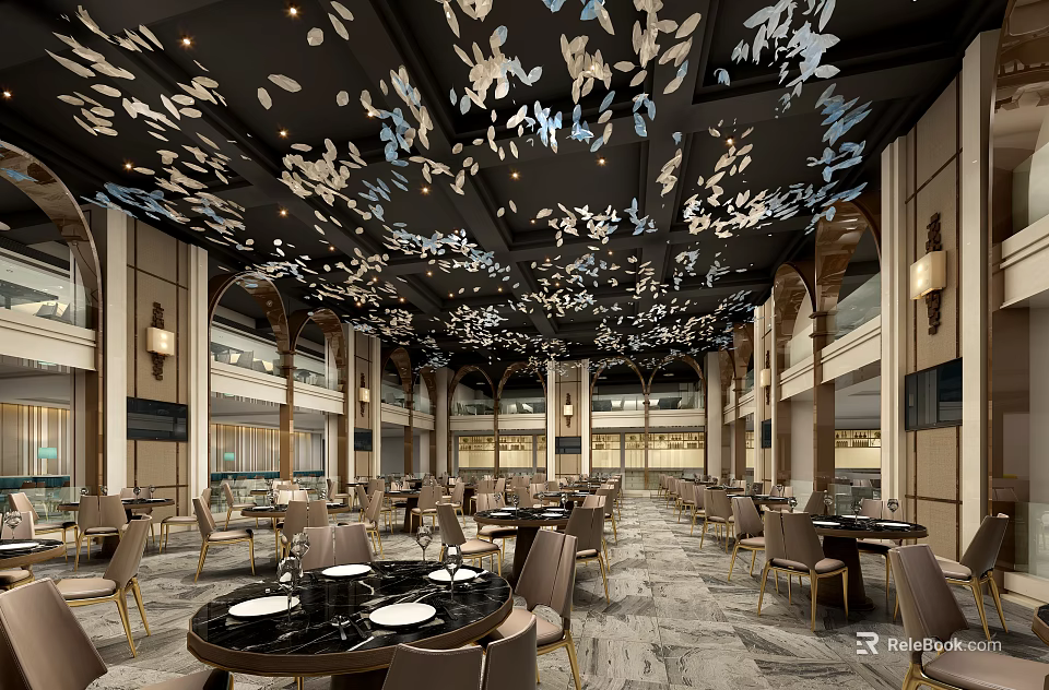 Elegant Restaurant Interior With Butterfly Ceiling Decor Arched Structures And Marble Tables 3d model