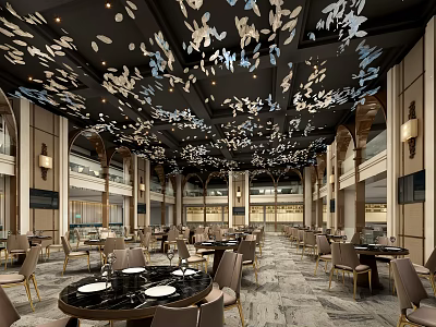 Elegant Restaurant Interior With Butterfly Ceiling Decor Arched Structures And Marble Tables 3d model