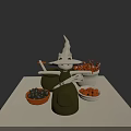 White Cat Witch Character With Small Orange Creatures And Brooms Near Bowls