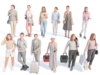 Diverse Group Of People In Various Outfits With Bags Luggage And Different Poses 3d model