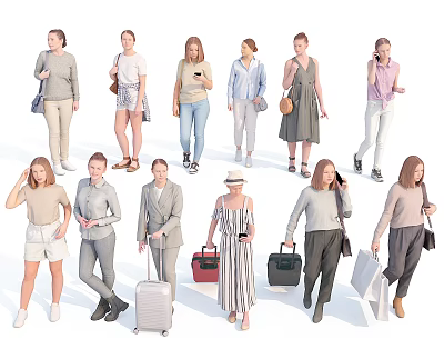 Diverse Group Of People In Various Outfits With Bags Luggage And Different Poses 3d model