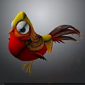 3D Cartoon Bird With Red Body Yellow Head Big Eyes And Long Colorful Feathers Standing