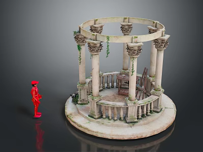 Circular Stone Garden Pavilion With Columns Ivy And Red Figure Model 3d model