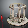 Circular Stone Garden Pavilion With Columns Ivy And Red Figure Model