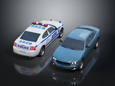 White Police Car And Blue Sedan Toy Models On Reflective Surface 3d model