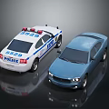 White Police Car And Blue Sedan Toy Models On Reflective Surface