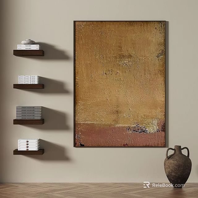 Abstract Painting With Golden Brown Reddish Tones On Wall With Floating Shelves Ceramic Vase 3d model 