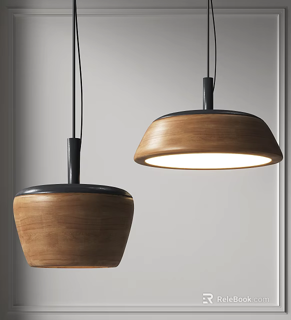 Wooden Bowl Shaped Pendant Lights With Black Metal Accents Illuminated In Modern Interior 3d model 