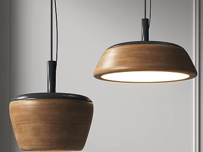 Wooden Bowl Shaped Pendant Lights With Black Metal Accents Illuminated In Modern Interior 3d model