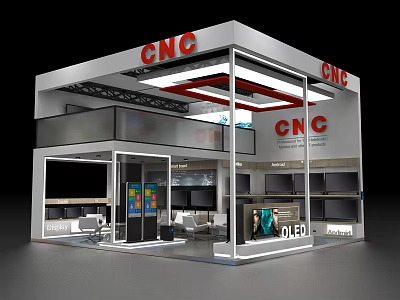 CNC Exhibition Booth Modern Design With Glass Metal Structure And Display Cabinets 3d model