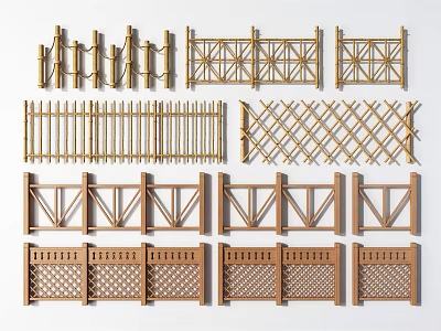 Various Styles Of Wooden And Bamboo Fences For Outdoor Decoration 3d model