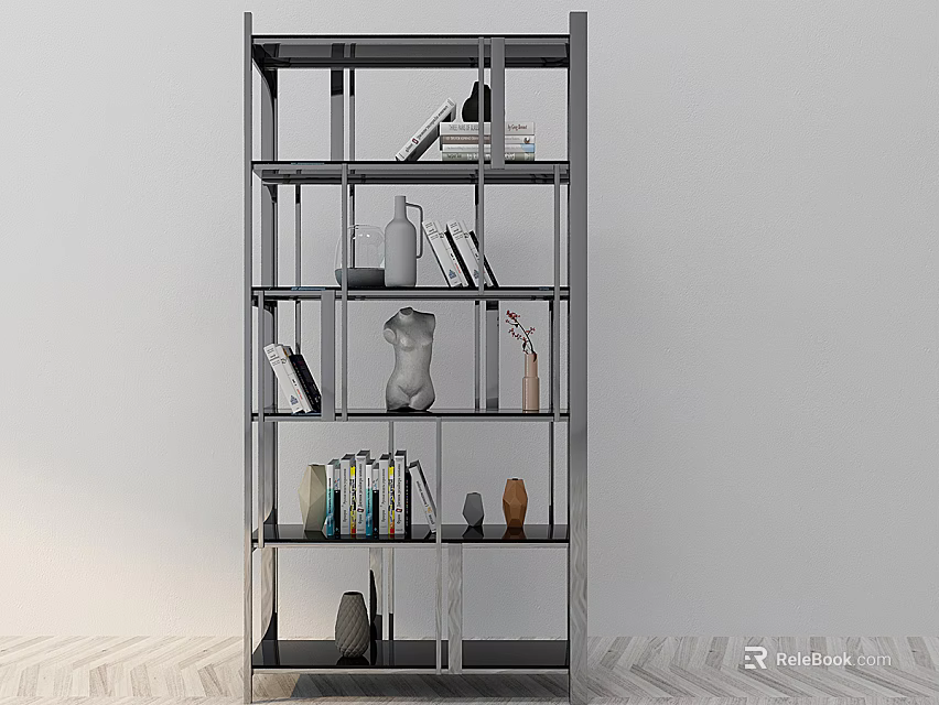 Modern Bookshelf Interior Design With Metal Frame Multi Tier Shelves And Decorative Items 3d model 