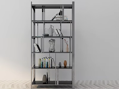 Modern Bookshelf Interior Design With Metal Frame Multi Tier Shelves And Decorative Items 3d model