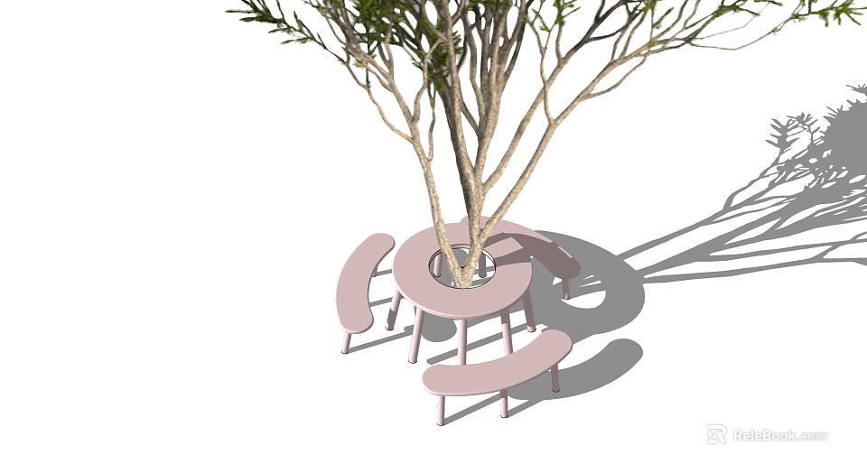 Outdoor Round Table with Pink Benches Set Under Tree Shadow 3d model