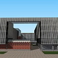 Modern Office Building with Glass Curtain Wall Metal Stripes Red Brick Base Lawn and Pathway