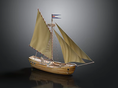 Detailed Wooden Sailing Boat Model With Yellow Sails And A Flag 3d model