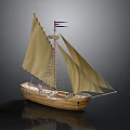 Detailed Wooden Sailing Boat Model With Yellow Sails And A Flag