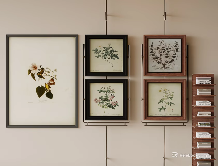 Abstract Paintings Featuring Botanical Patterns In Various Frame Colors For Wall Decoration With Bookshelf 3d model