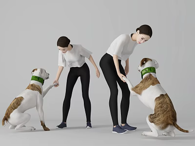 Two women shaking hands with dogs wearing green collars in playful interaction 3d model