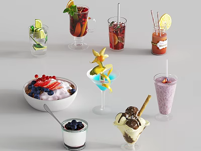 Refreshing Assorted Beverages with Fresh Fruits Yogurt Smoothie and Ice Cream 3d model