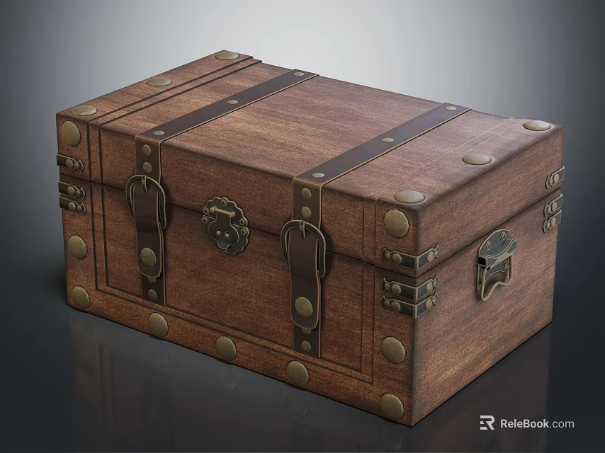 Vintage Wooden Trunk With Metal Clasps Brass Rivets And Antique Lock 3d model 