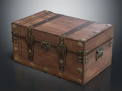 Vintage Wooden Trunk With Metal Clasps Brass Rivets And Antique Lock 3d model