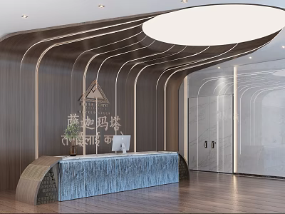 Modern Front Desk Reception Interior Design With Curved Wooden Walls And Elegant Lighting 3d model