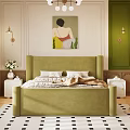 Green Bedroom With Upholstered Headboard Quilt Pillows Window Blinds Wall Art Nightstand And Checkered Rug