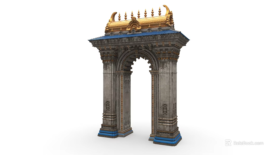 Classical Archway Featuring Golden Top Ornaments Gray Pillars and Blue Bases 3d model 