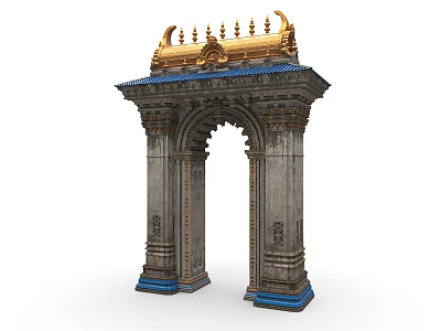 Classical Archway Featuring Golden Top Ornaments Gray Pillars and Blue Bases 3d model