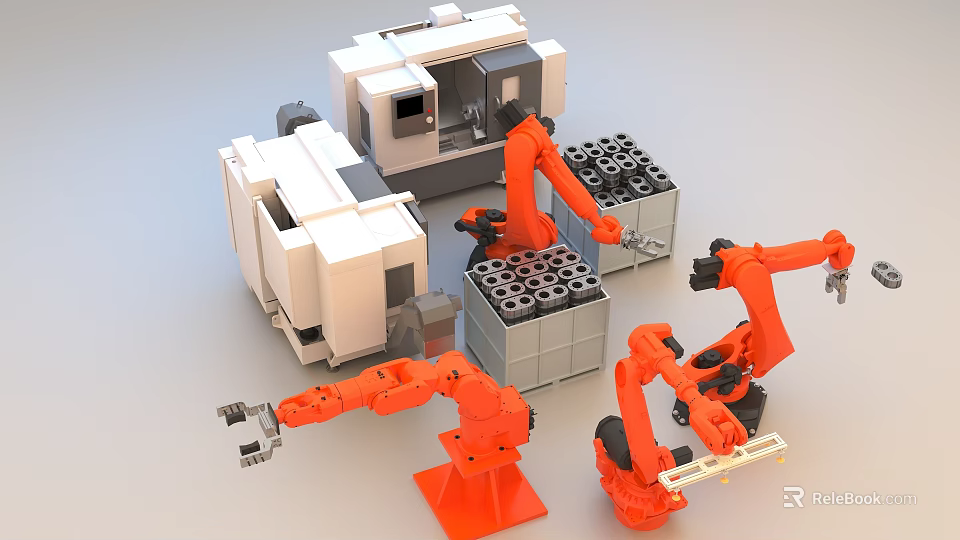 Industrial Equipment With Robotic Arms And Material Blocks In Production Line 3d model 