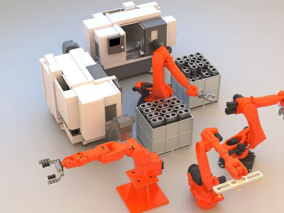 Industrial Equipment With Robotic Arms And Material Blocks In Production Line 3d model