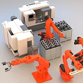 Industrial Equipment With Robotic Arms And Material Blocks In Production Line
