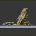 Cartoon Miniature Scene With Straw Woven Stump Stones Moss And Small Plants On Square Platform
