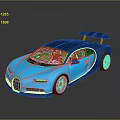 Shiny Blue Bugatti Sports Car Featuring Orange Interior Rear Spoiler Black Wheels And Streamlined Design