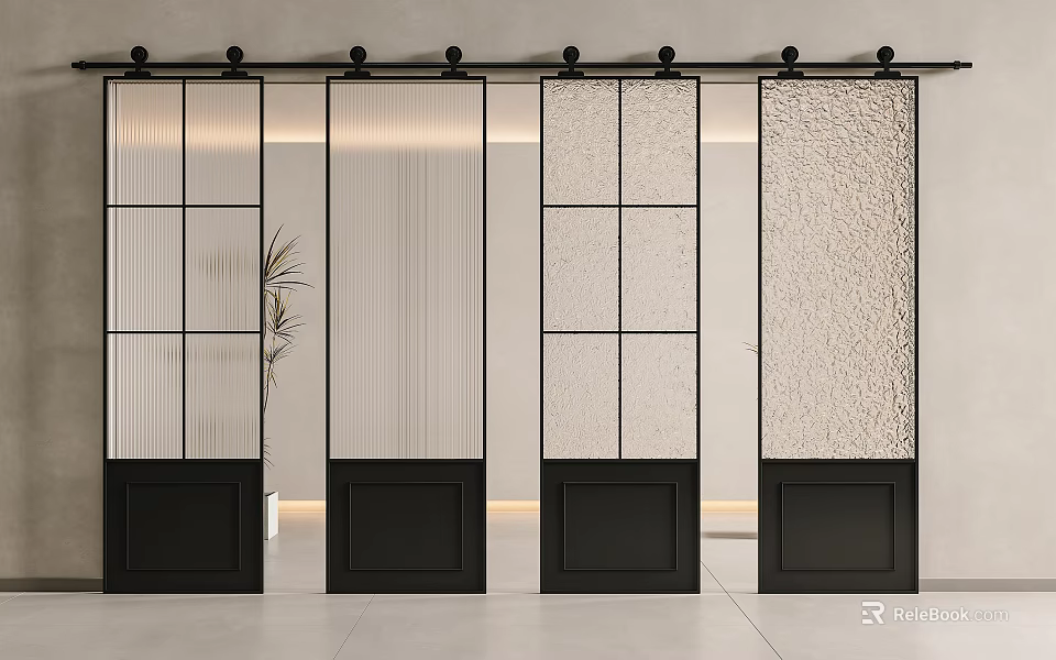 Modern Interior Sliding Doors With Black Frame And Glass Panel Design 3d model 