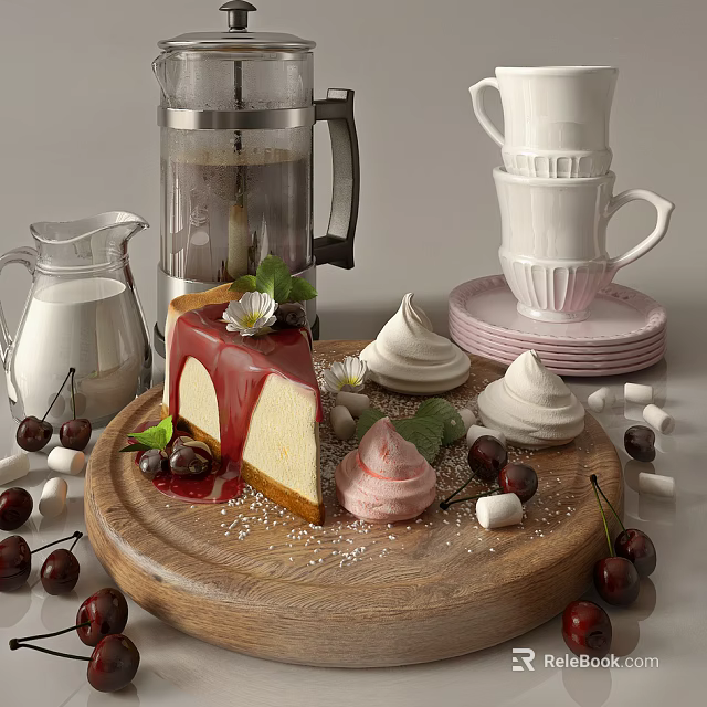 Cherry Cheesecake with Red Glaze Mint Fresh Cherries Meringues Marshmallows Milk Jug and Coffee Pot 3d model 
