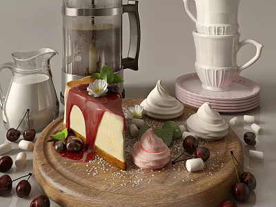 Cherry Cheesecake with Red Glaze Mint Fresh Cherries Meringues Marshmallows Milk Jug and Coffee Pot 3d model