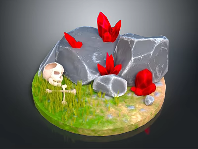Natural Outdoor Scene With Skull Bones Gray Rocks Red Flowers And Green Grass 3d model