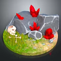 Natural Outdoor Scene With Skull Bones Gray Rocks Red Flowers And Green Grass