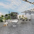 Rooftop Garden Landscape With Lush Plants Tables Chairs Hanging String Lights And Modern City Background