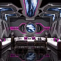 Futuristic KTV Room Interior With Purple Lighting Circular Screen And Comfortable Sofas 3d model