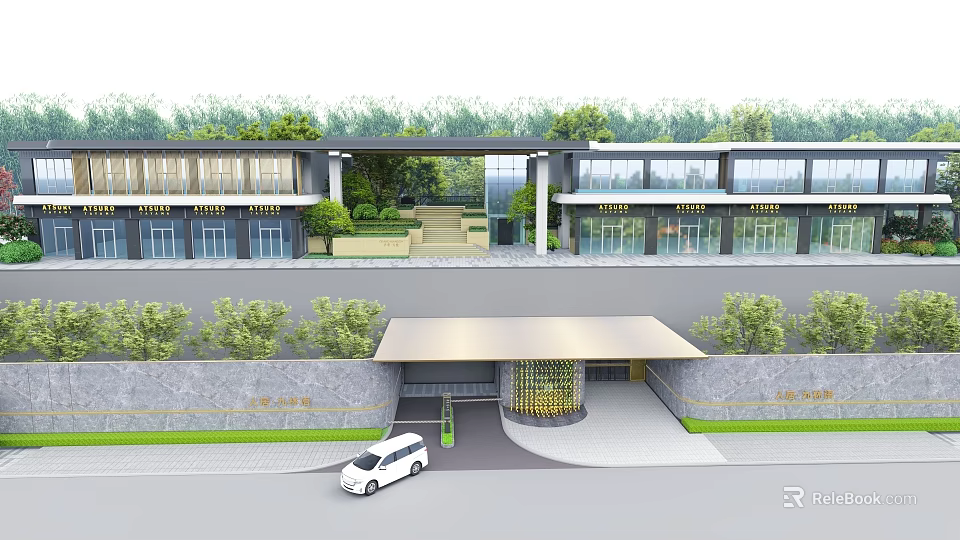Modern Entrance Gate Design With Canopy Driveway Greenery And Glass Elements 3d model 