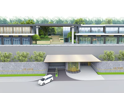 Modern Entrance Gate Design With Canopy Driveway Greenery And Glass Elements 3d model